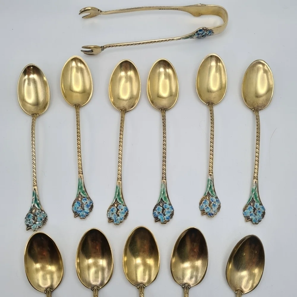 Gorham Sterling & Enamel Flowers Demitasse Spoons Set of 11 & Sugar Tong #808
